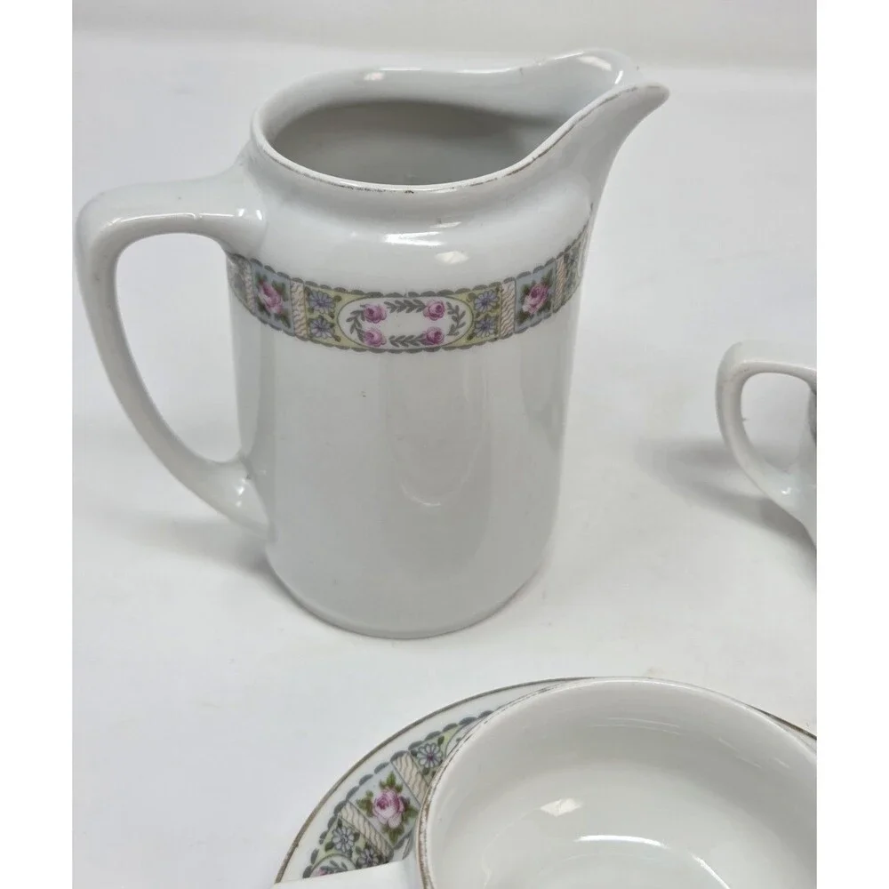 KPM Germany Antique‎ Porcelain Tea Set Creamer Sugar 2 Cups Saucers Rose 1900s
